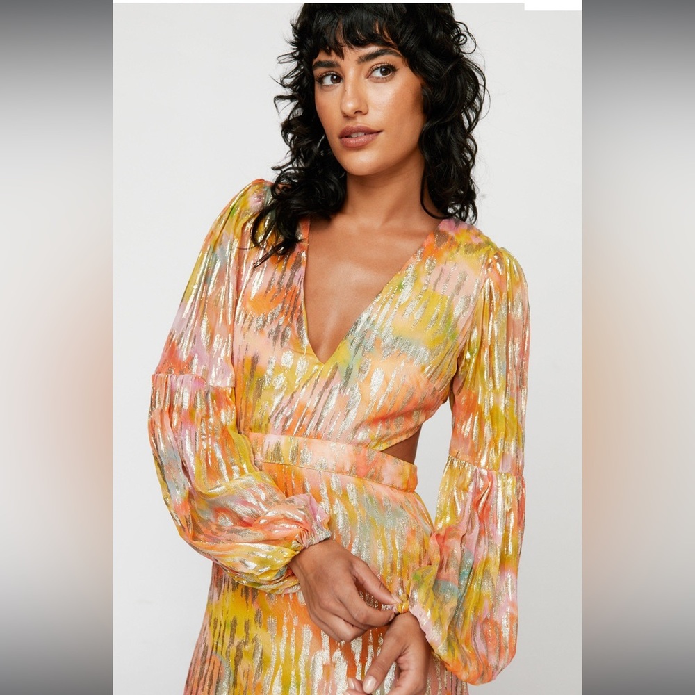 Metallic Blurred Floral Open Back Maxi Dress - Picture 2 of 4